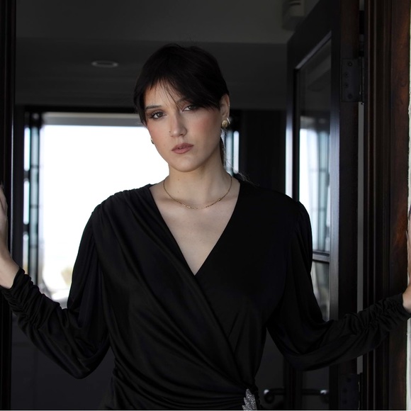 Vintage 1980s Black Formal Wrap Drape Dress with Beaded Brooch Closure.. Size 8 - Picture 7 of 16